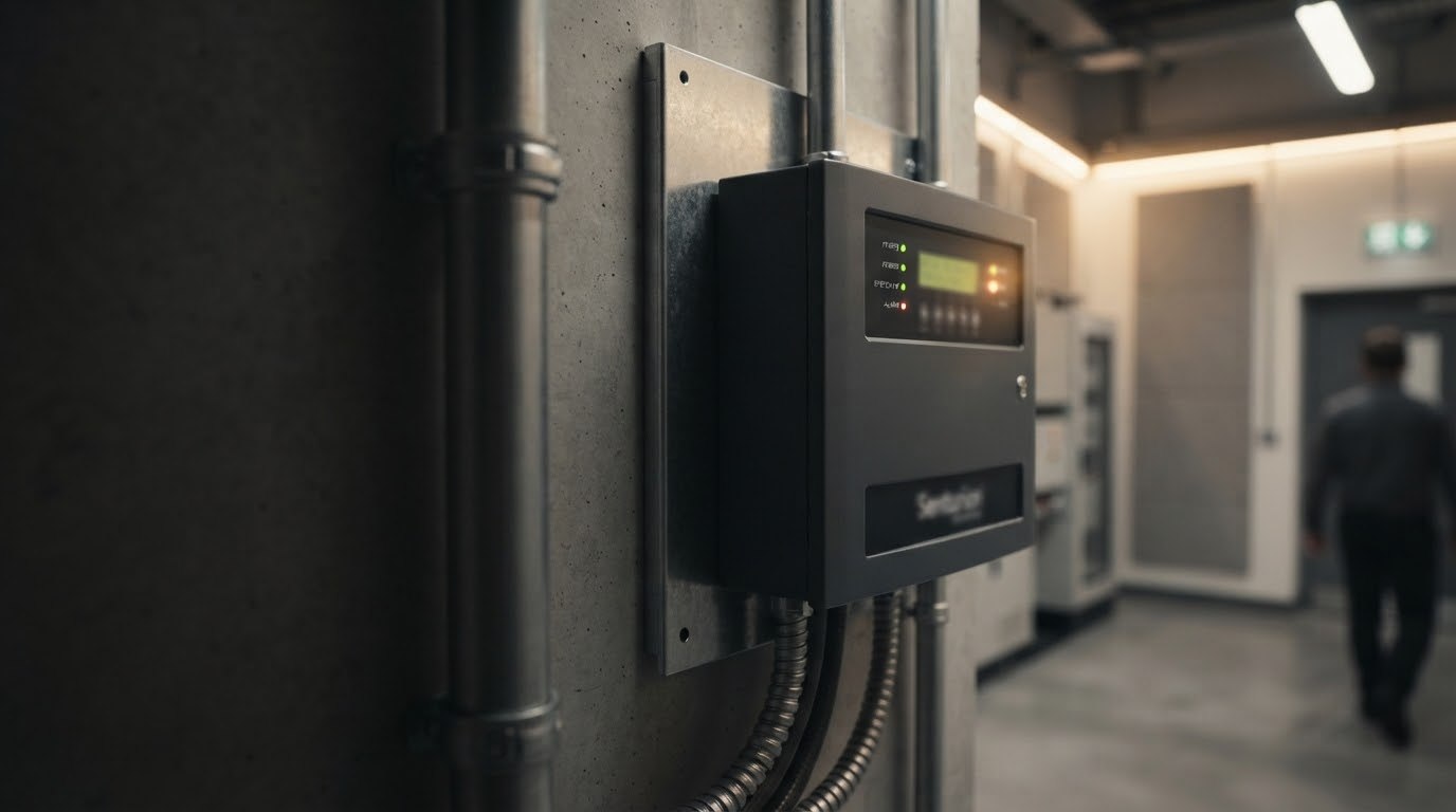 Close-up of a fire and intruder alarm control panel