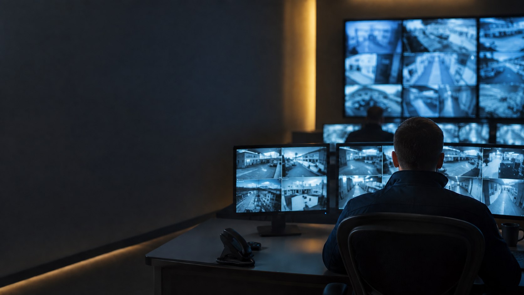 Security operator monitoring live CCTV camera feeds in a control room