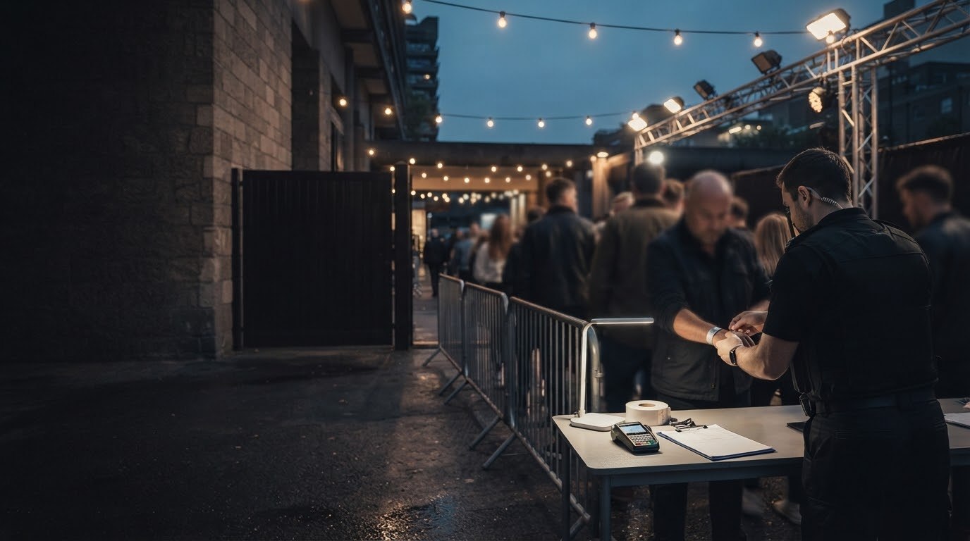 Security officer checking wristbands at an event entrance