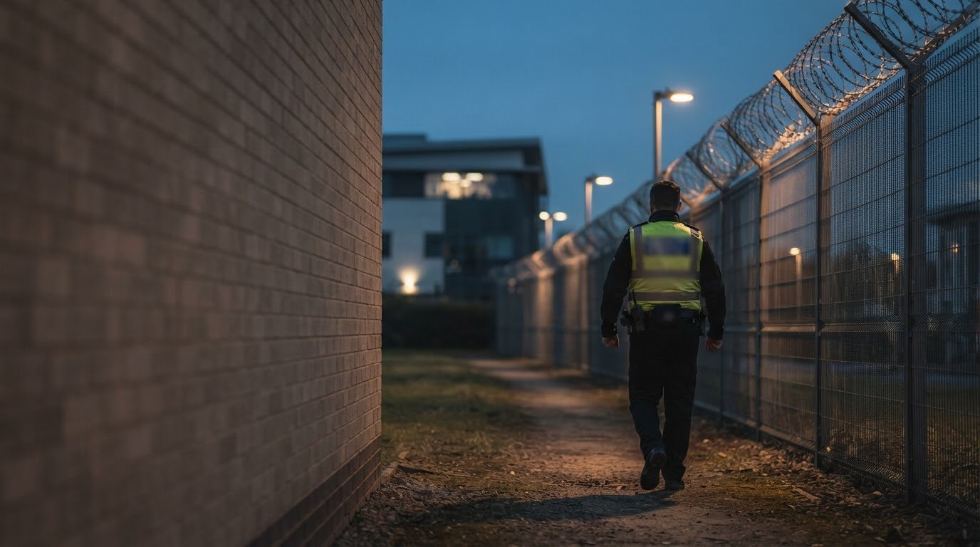 Security officer patrolling a perimeter fence line at dusk
