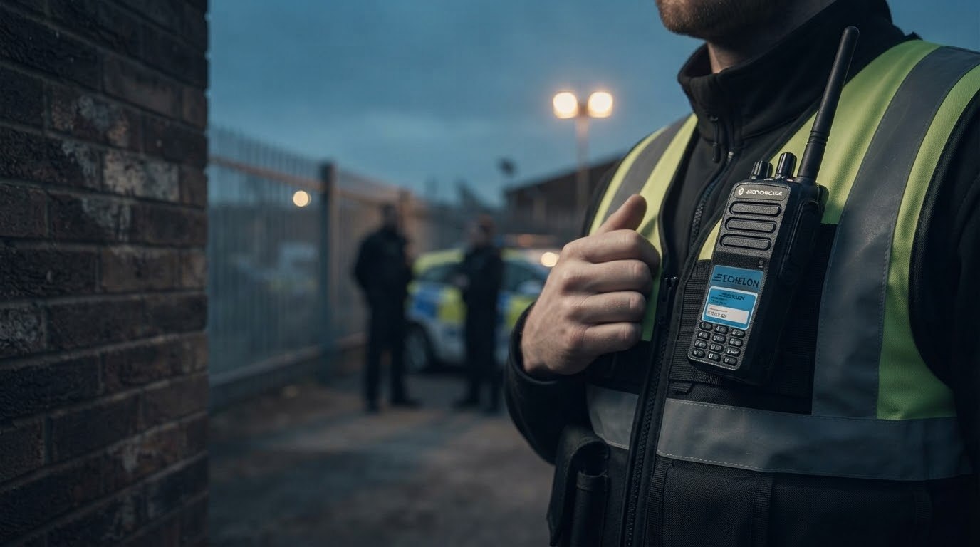 Close-up of a two-way radio handset clipped to a hi-vis jacket