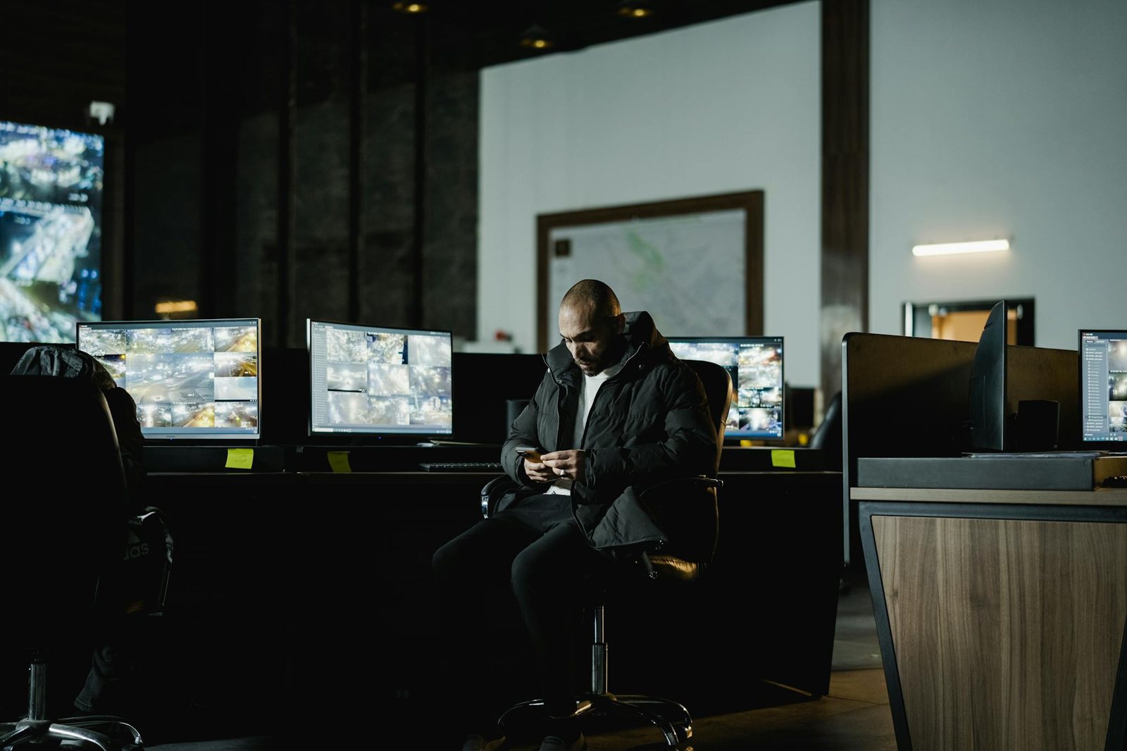 Security officer monitoring multiple screens in a control room.